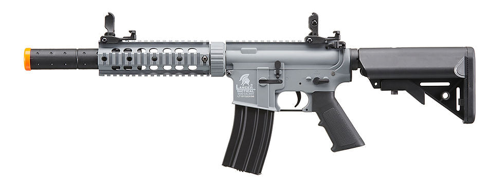 Lancer Tactical Gen 2 M4 SD 7" Carbine Airsoft AEG W/Mock Suppressor & Crane Stock (Color: Gray) - Combo 9.6 Battery & Charger